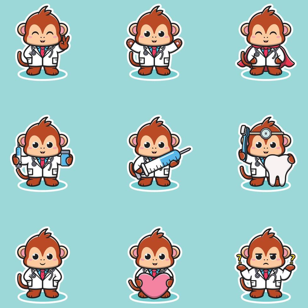 illustration of Cute Character Cartoon of Monkey Doctor. Monkey character different poses illustration. Flat Cartoon Style. Animal Health Concept. vector