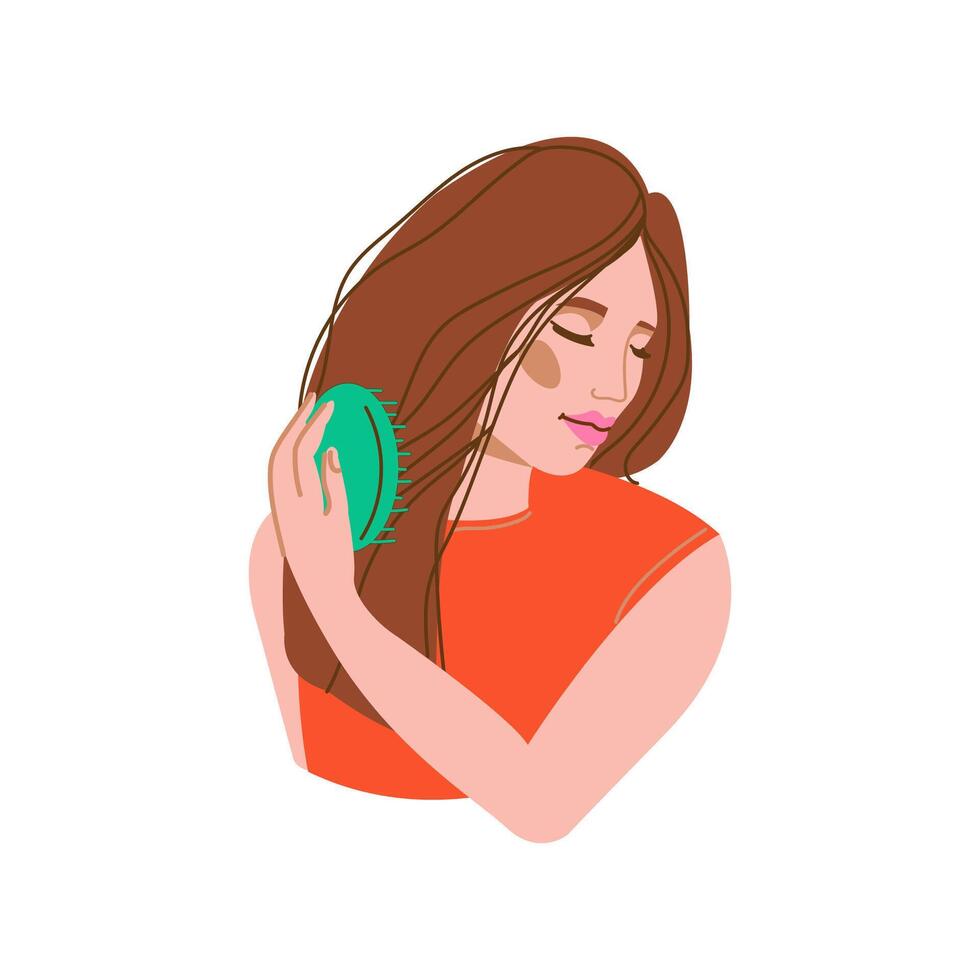 A beautiful brown-haired woman is combing her hair vector