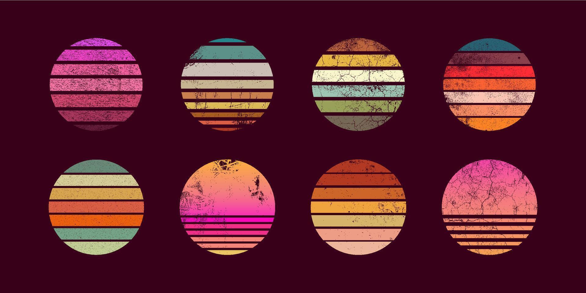 Retro sunsets collection in 80-90s style with grunge texture. vector