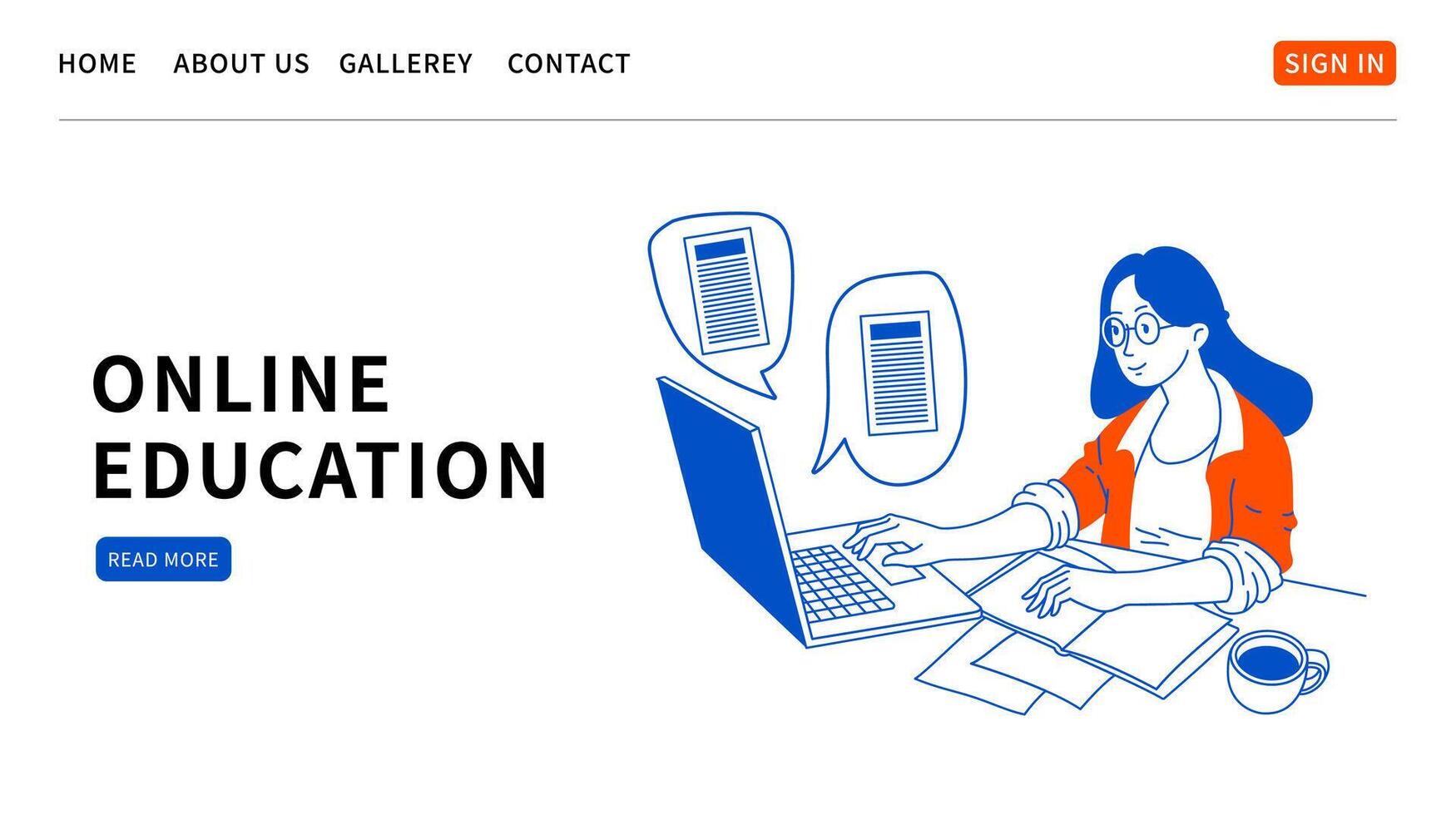 Online education web page. Student Learning Online at Home. Outline character sitting at desk, looking at Laptop and Studying. Working, education and shopping concept. doddle illustration. vector