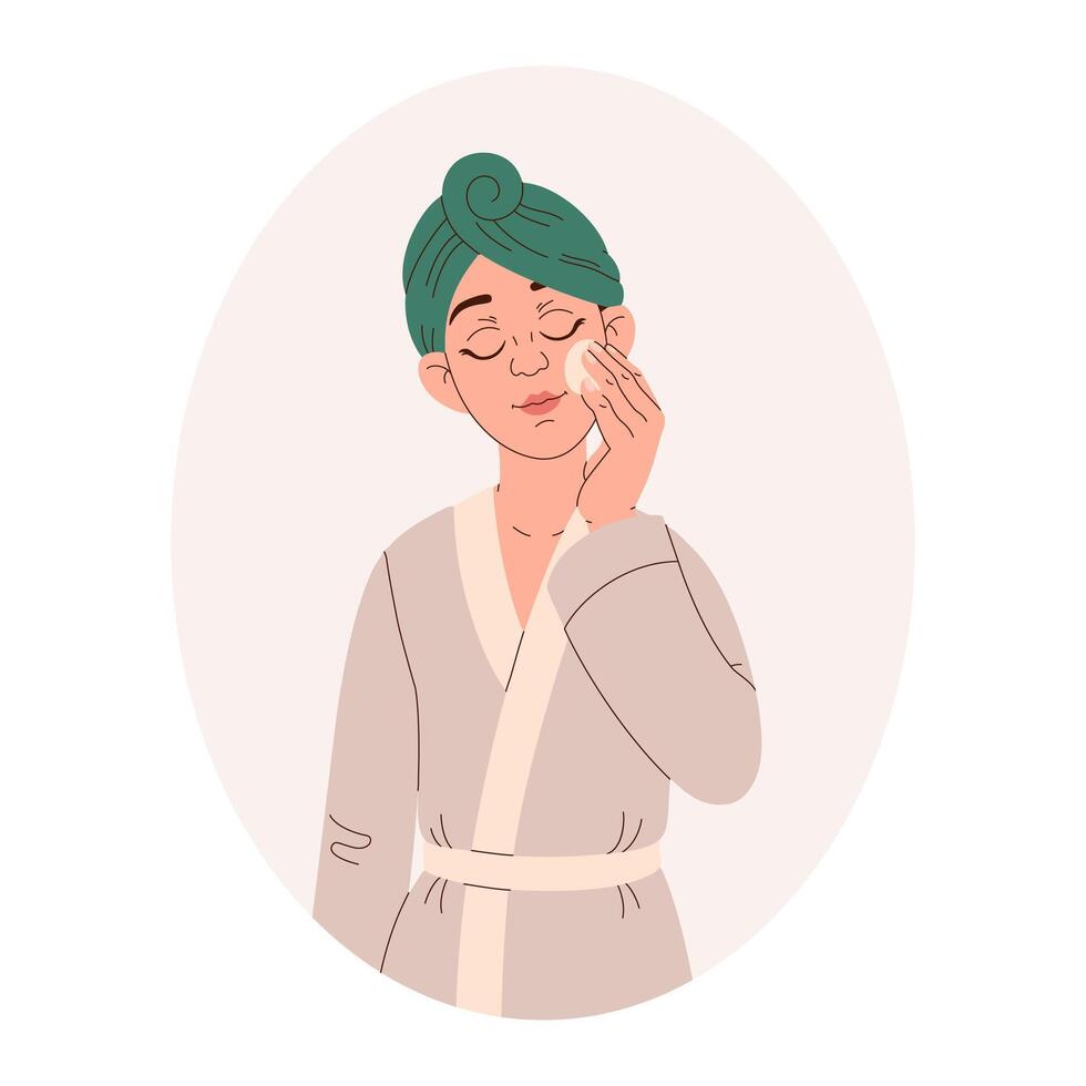 Skincare routine of women after shower. Girl with towel on her head. Face cleansing, and cream application. Home clothes, morning procedures. Personal care, beauty treatments. flat illustration vector