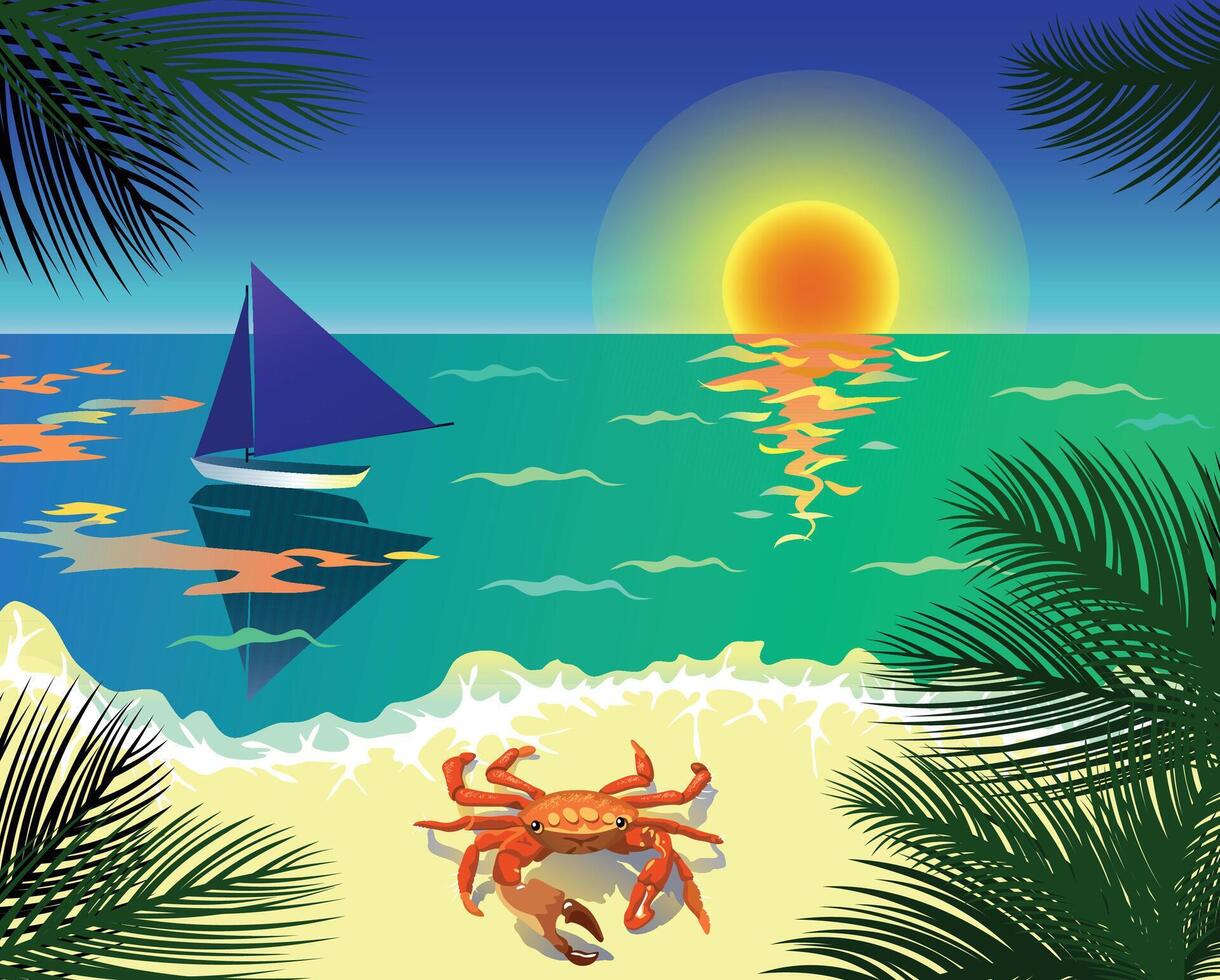 Beautiful tropical view with beach, boat, crab and palm leaves vector