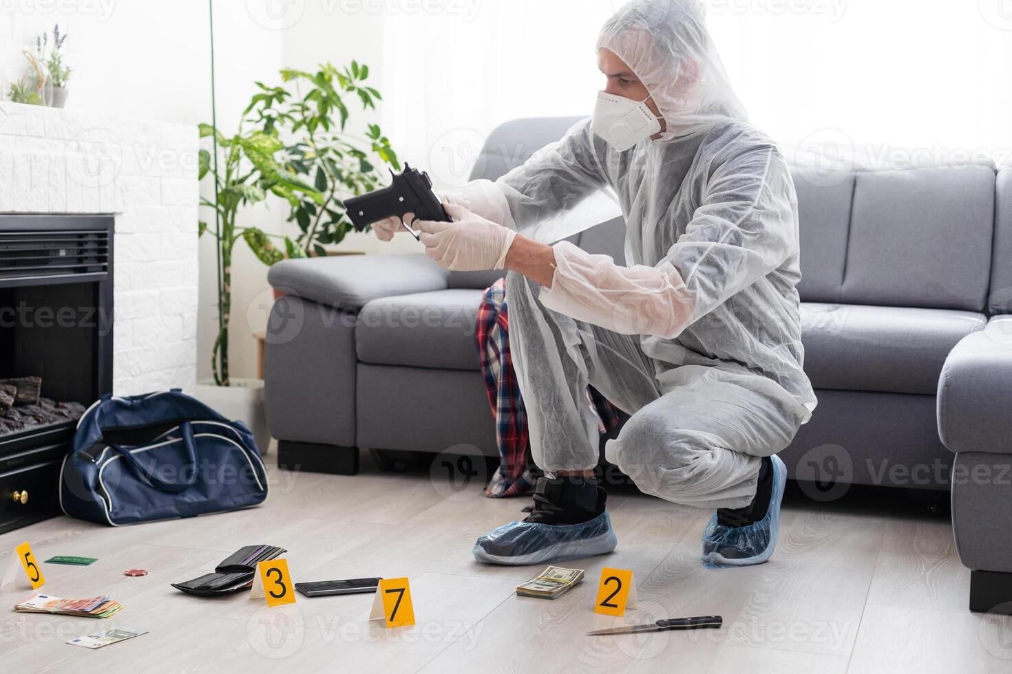 Detective Collecting Evidence in a Crime Scene. Forensic Specialists Making Expertise at Home of a Dead Person. Homicide Investigation by Professional Police Officer. photo