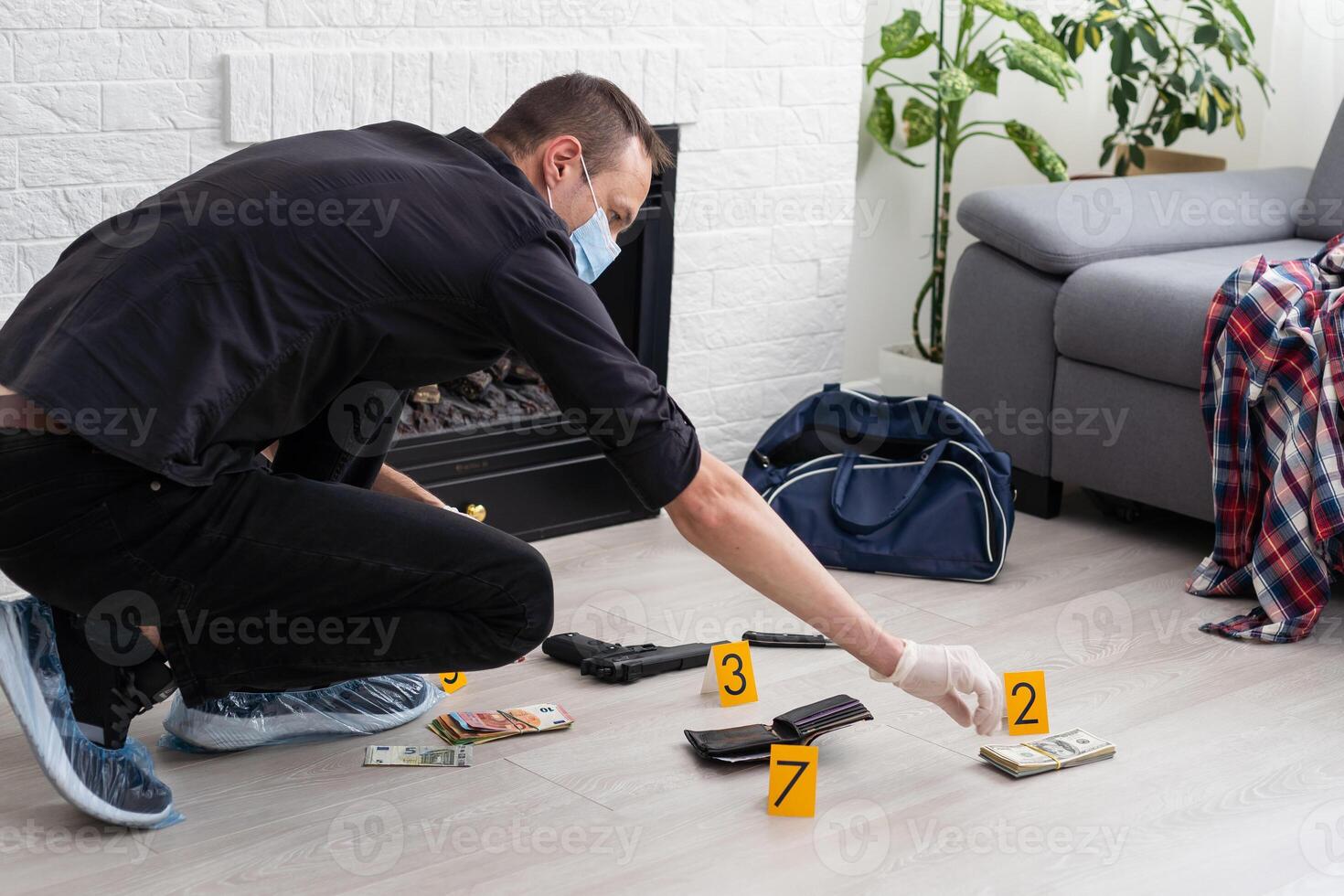 Detective Collecting Evidence in a Crime Scene. Forensic Specialists Making Expertise at Home of a Dead Person. Homicide Investigation by Professional Police Officer. photo