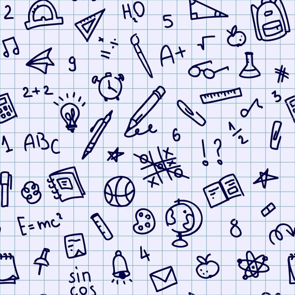 Seamless hand drawn back to school pattern, background. School supplies and creative elements isolated on checkered background, school notebook. Cute illustration sketches, line stickers. vector