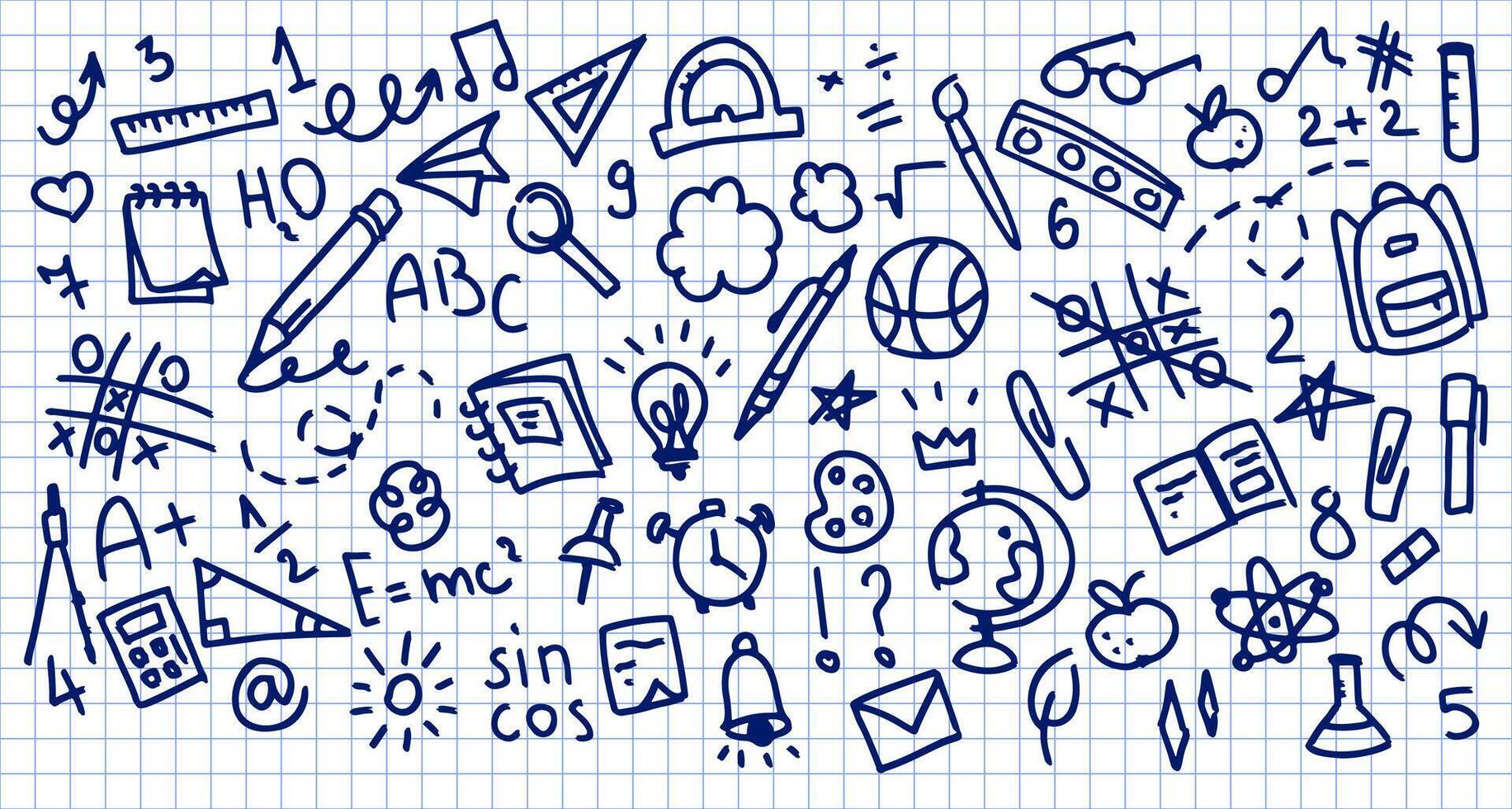 Back to school doodle hand drawn elements set. School supplies and creative elements isolated on white checkered background, school notebook. Cute illustration sketches, line stickers. vector