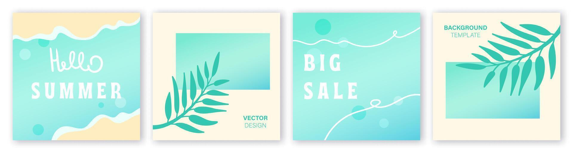 Set of summer sale colourful templates, cards, background, posters, banners. Beach theme, palm leaves, hello summer vector