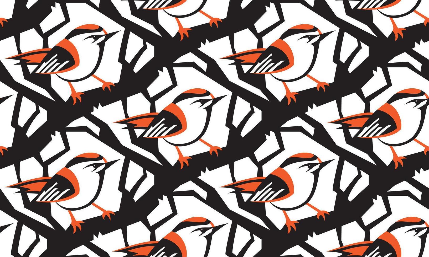 Seamless pattern with black and orange birds sitting on branches. Creative hand drawn background, illustration. Textures for wallpaper, background, fabric. vector