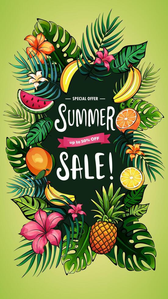Summer sale banner, discount poster template. Hand drawn background with tropical fruits, leaves and flowers. Special offer vector