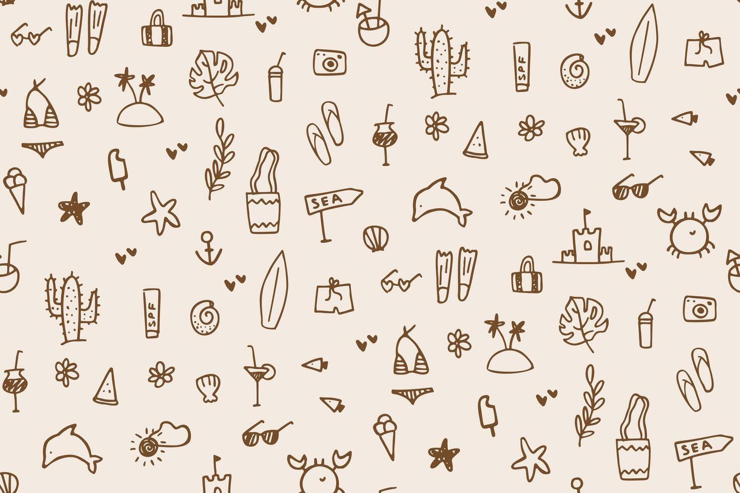 Seamless summer doodle icons, hand drawn pattern. Cute illustration of tropical leaves, cocktails sketches, fruits, beach etc. Summertime line stickers. Texture for wallpaper, background, fabric vector