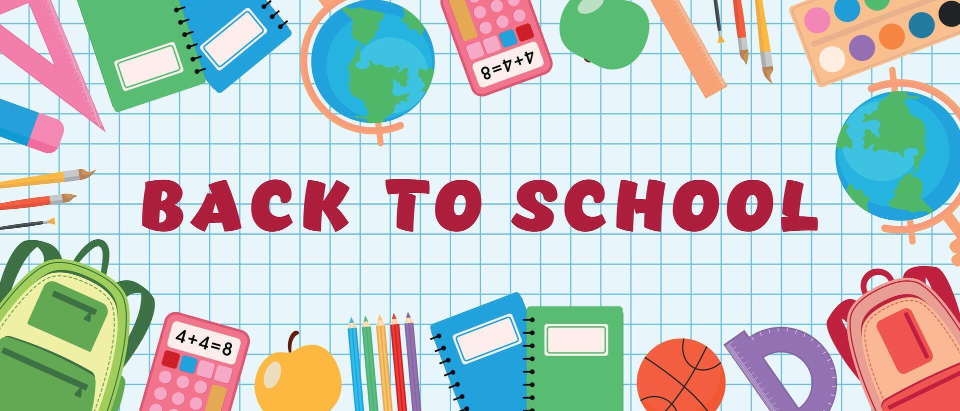 Back to school horizontal banner with school stationery. vector