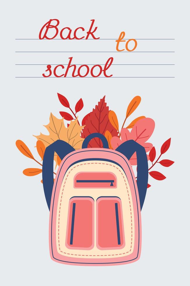 Postcard, banner or poster with school backpack and autumn leaves. vector