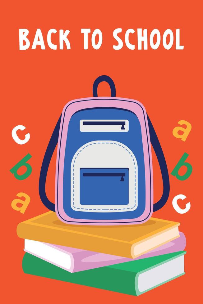 Back to school, banner or card with school backpack and books. vector
