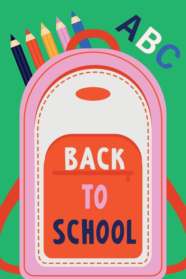 Postcard, poster or banner - Back to school, with backpack and pencils. vector