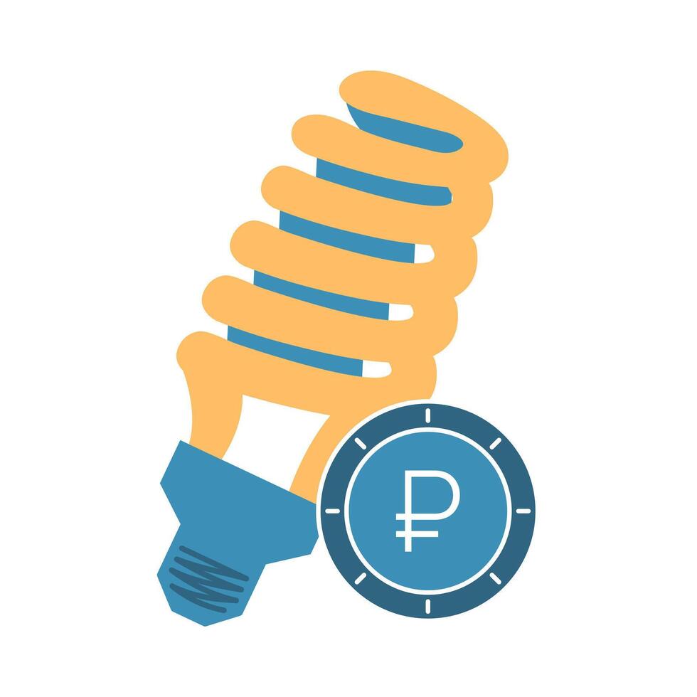 Fluorescent lamp and ruble. Light bulb, Russian coin, cash. Lightbulb spiral. Payment for electricity, rising prices. Energy saving lighting. Flat style. Color image. Isolated. illustration vector