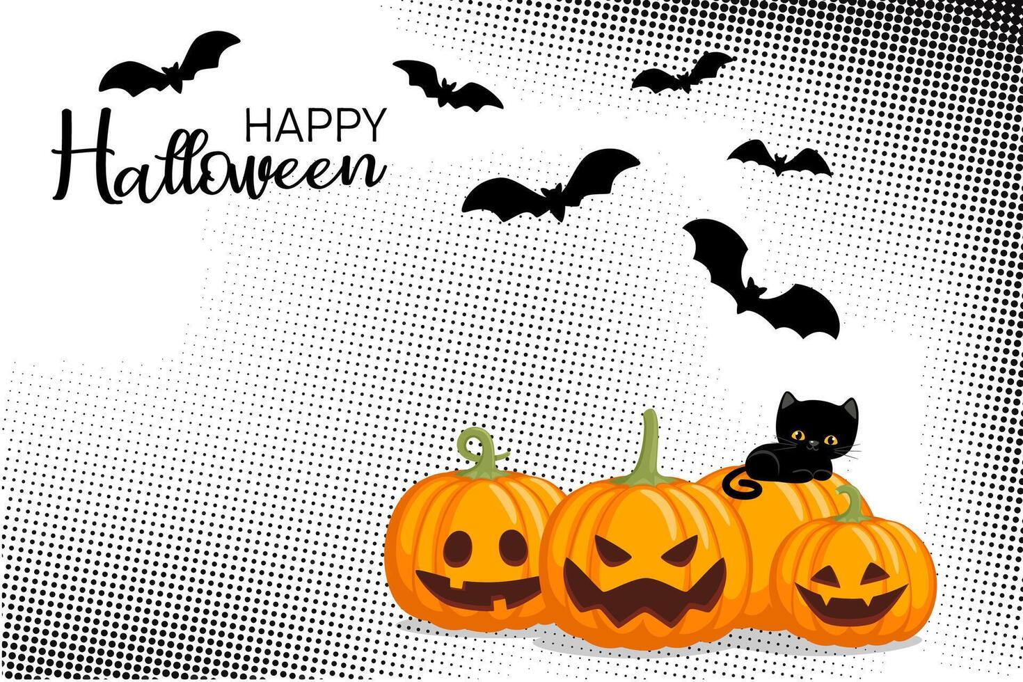 Happy Halloween. Orange big pumpkins with black cat. Scary pumpkin with smile. illustration isolated on dotted grunge background. Halloween and autumn concept. vector