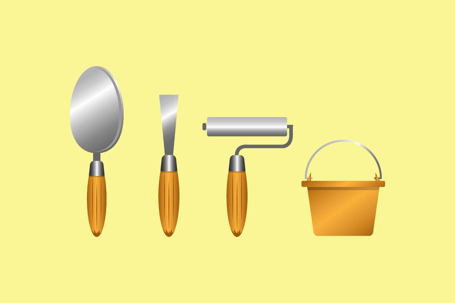 Set of construction worker equipment. Cement spoon, roller painter, and plastic buckets. vector