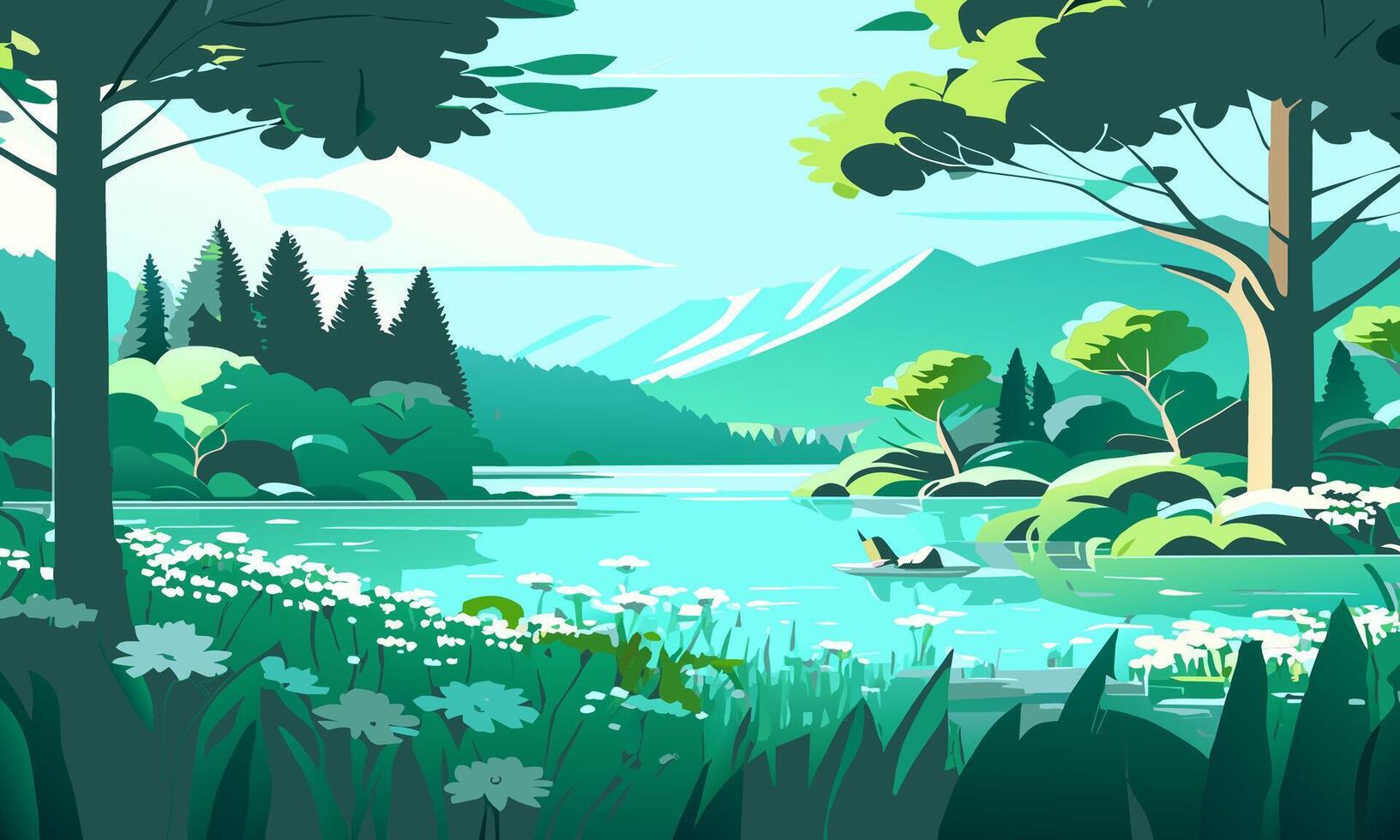 Summer landscape with a forest lake, illustration. vector