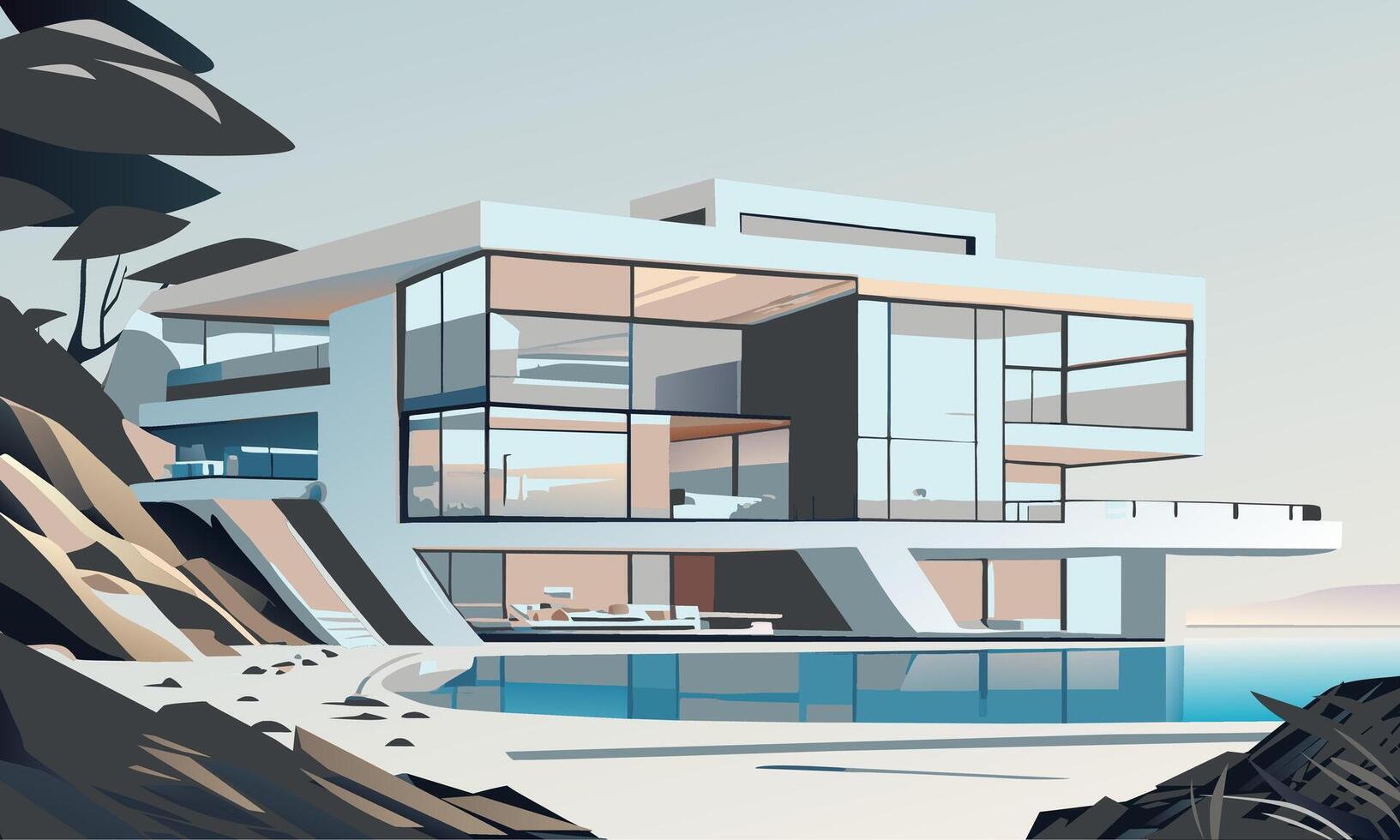 graphics. A landscape with a bright modern minimalist house on the beach vector
