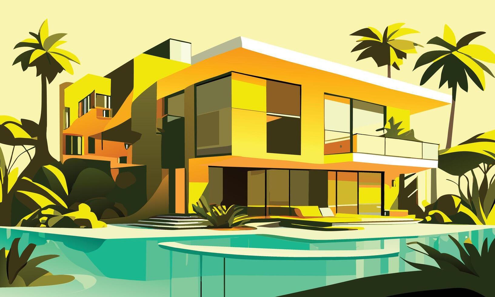 graphics. Modern bungalow in yellow shades on the beach vector
