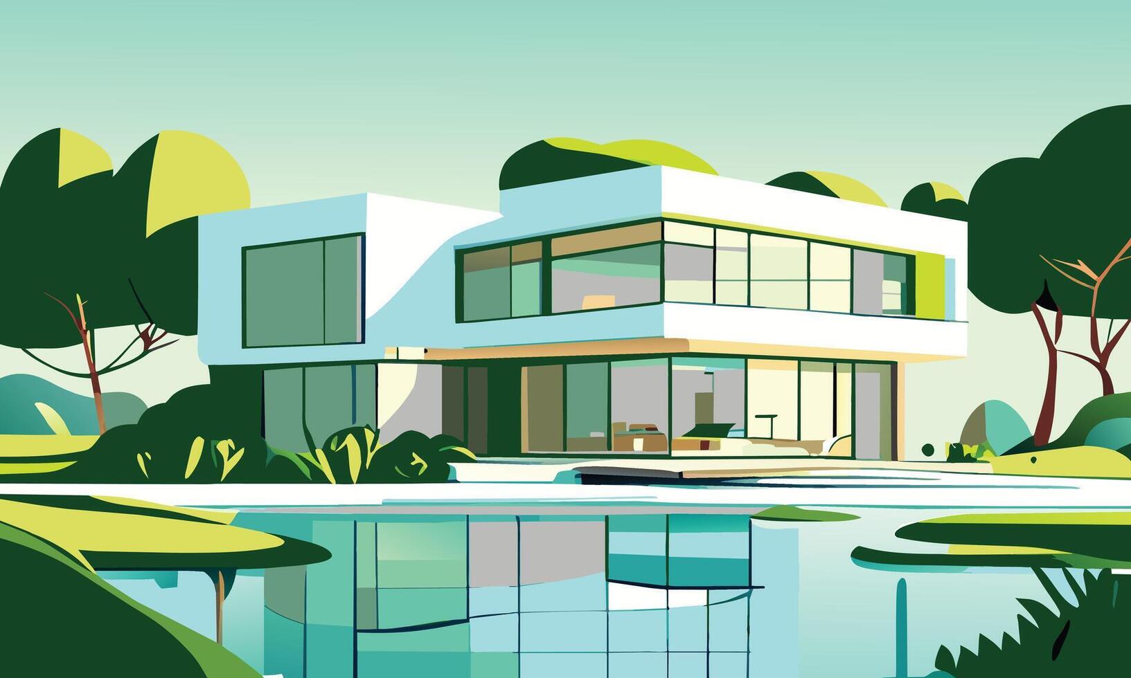 graphics. A landscape in green and blue tones with a white modern villa and a transparent lake vector