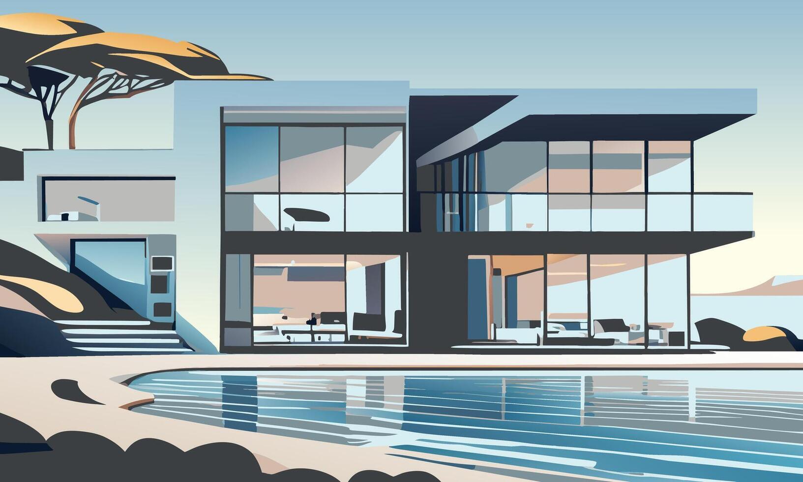 graphics. Bright modern minimalist house on the beach vector