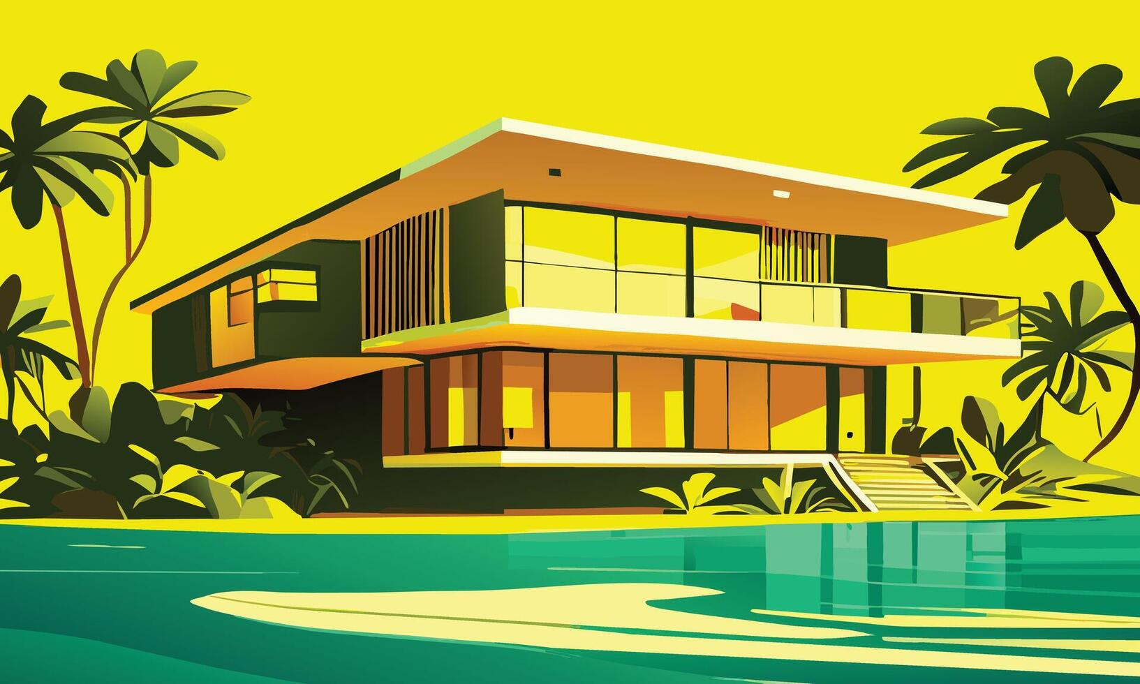Modern bungalow in yellow shades on the ocean. graphics vector