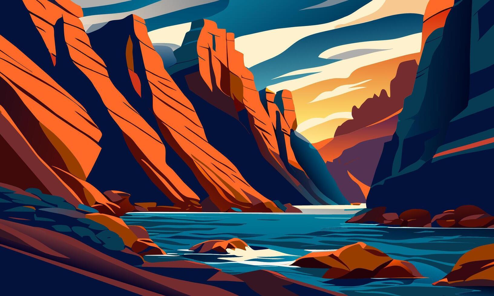 Picturesque coastal scenery with mountains, illustration. vector