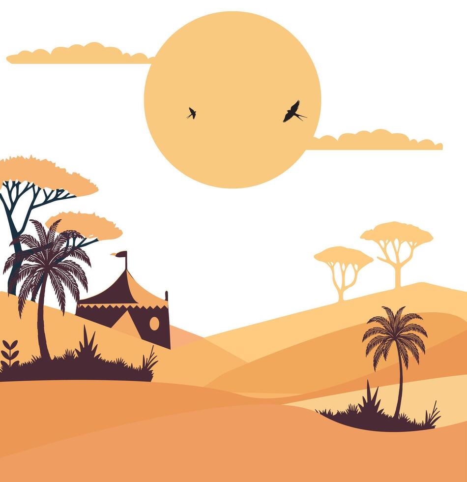 Vibrant Desert Artwork Featuring Camels Lush Plants traditional tent vector