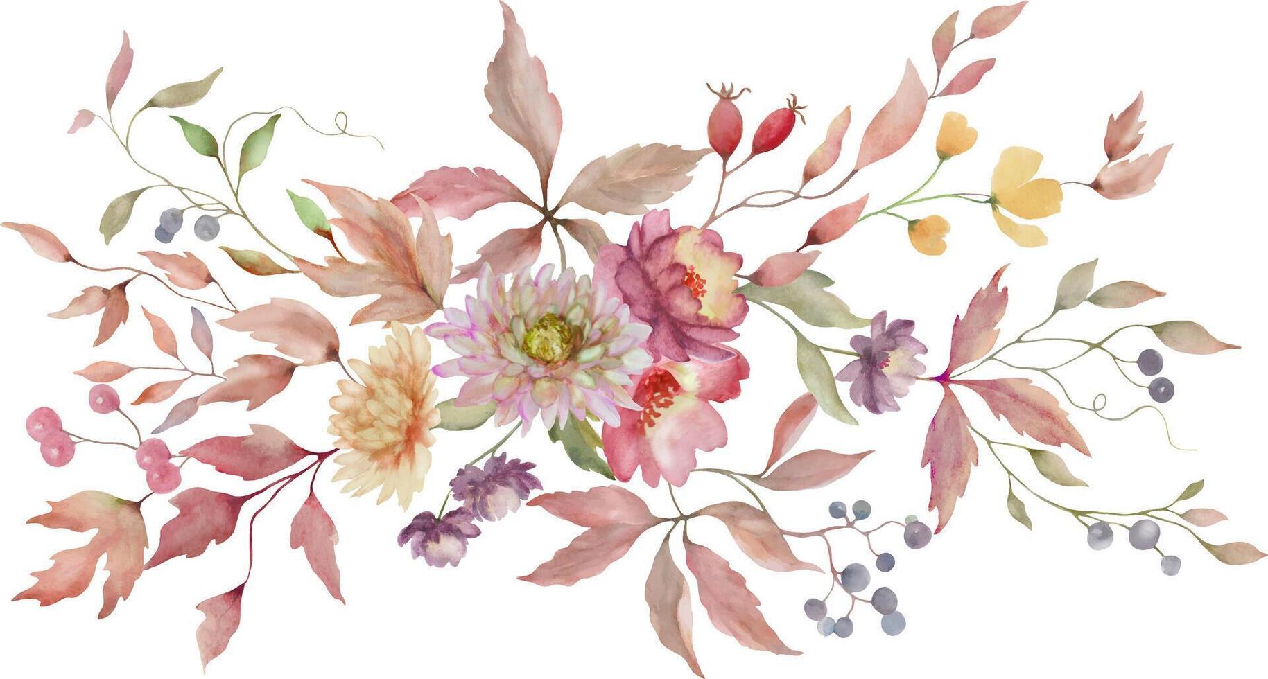 Watercolor autumn flowers bouquet. Fall floral background. Hand drawn illustration. vector