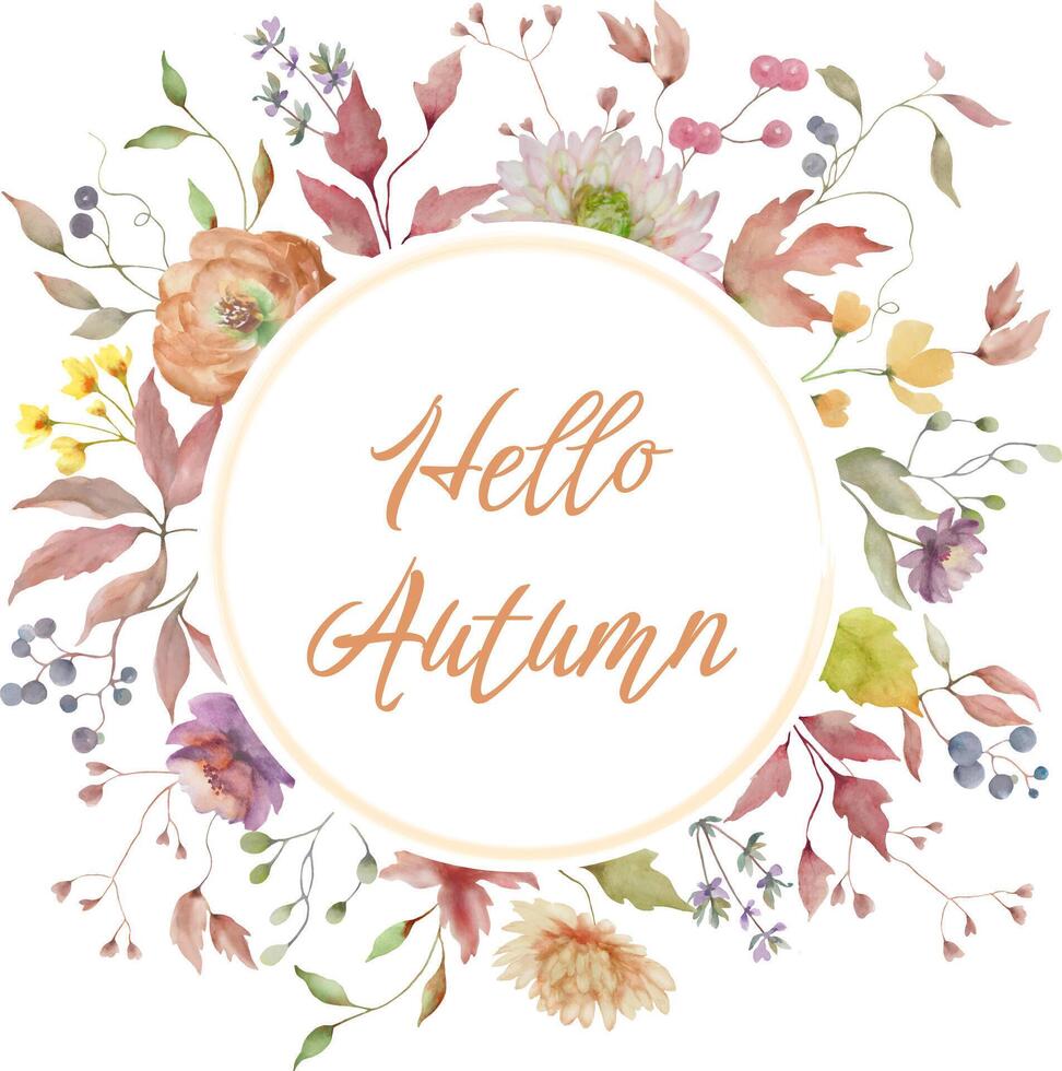 Watercolor Hello autumn card. Hand drawn illustration isolated on white background. vector