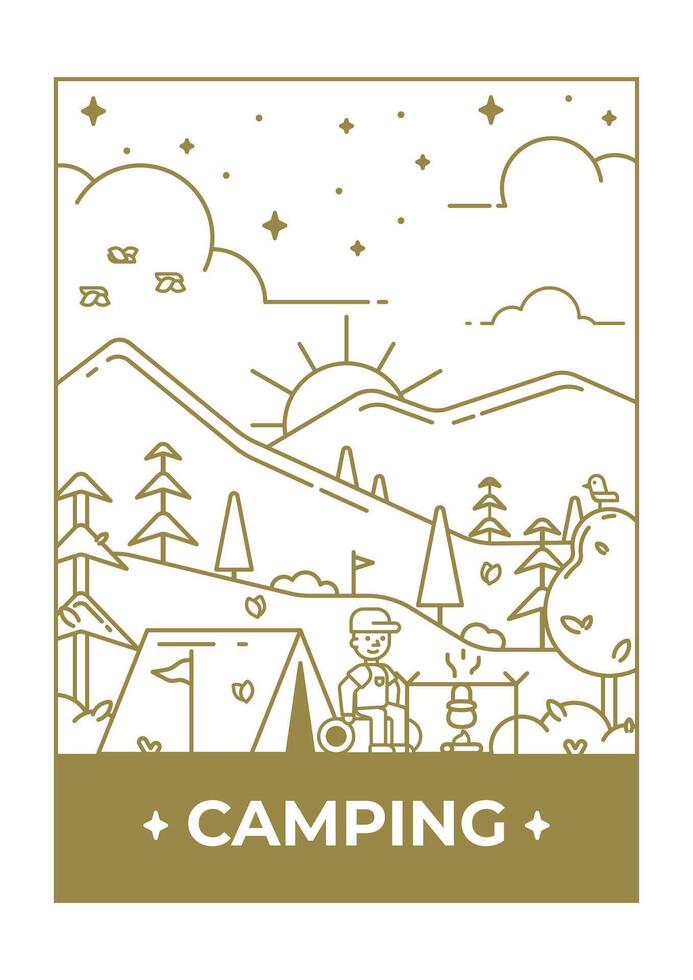 Line illustration of a campground against a mountain background for a t-shirt print. Illustration for clothing print. vector
