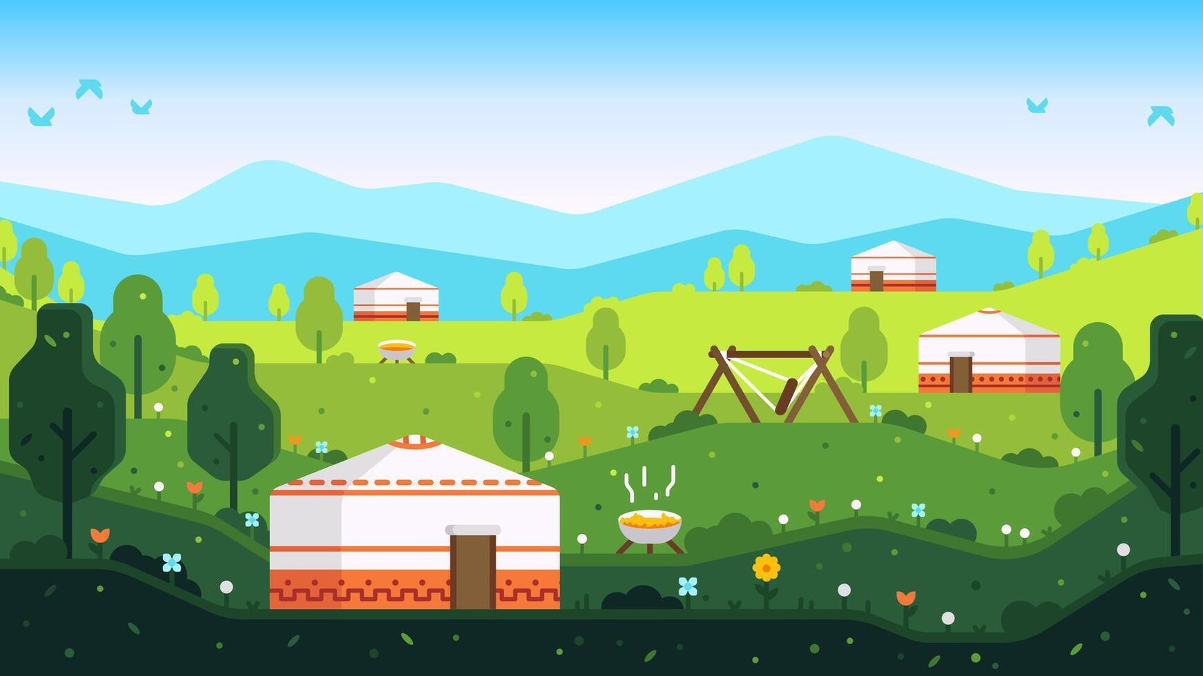 Landscape illustration of the celebration of Nawruz. Spring landscape in flat style vector