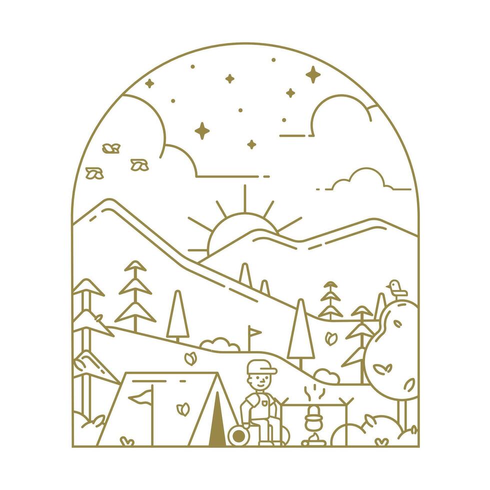 Line illustration of a campground against a mountain background for a t-shirt print. Illustration for clothing print. vector
