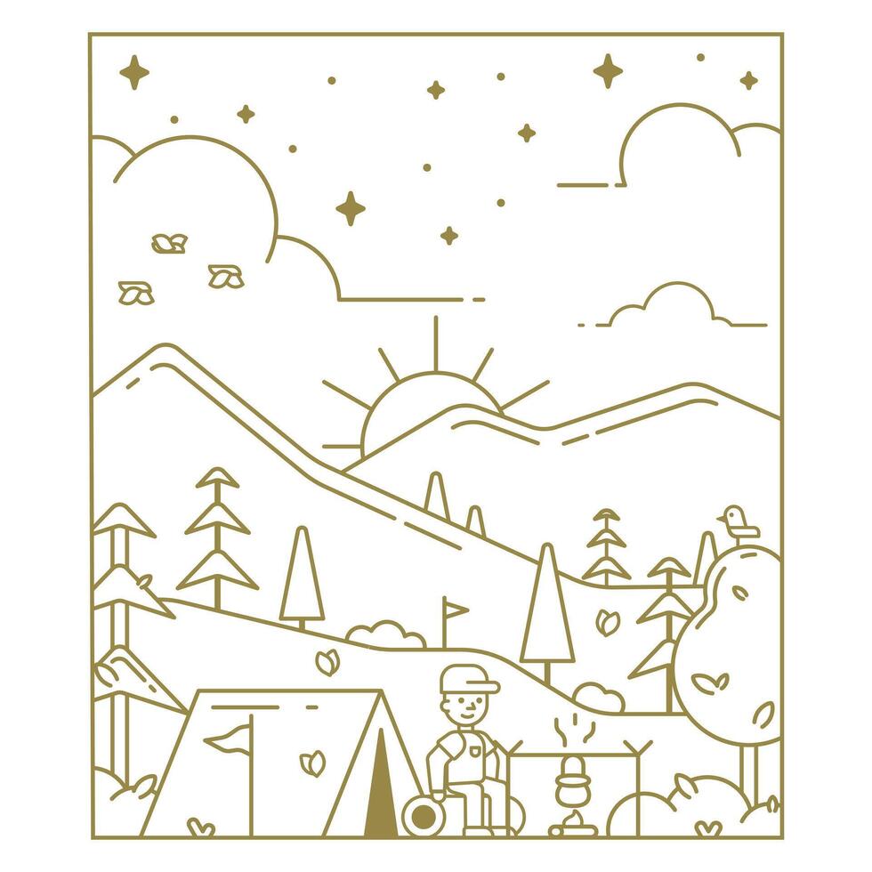 Line illustration of a campground against a mountain background for a t-shirt print. Illustration for clothing print. vector