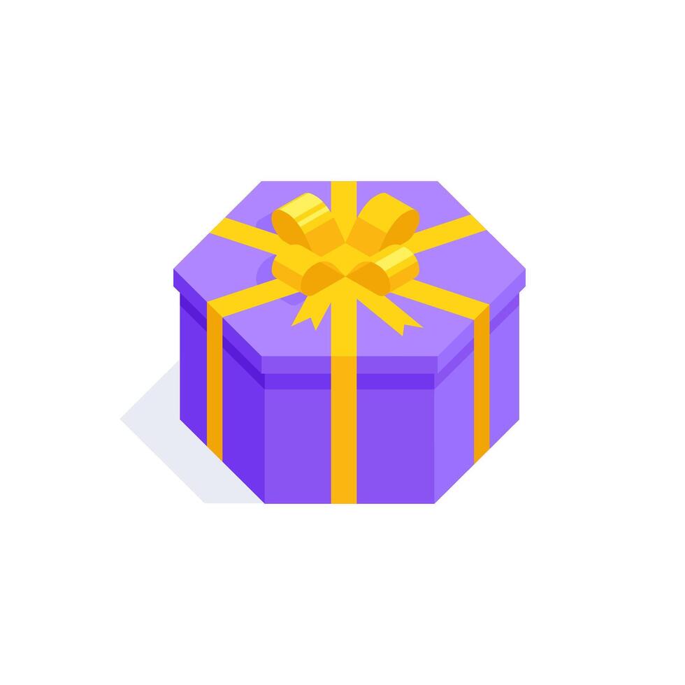 Illustration of purple hexagonal gift box with yellow bow. Gift box for birthday, holiday, event. vector