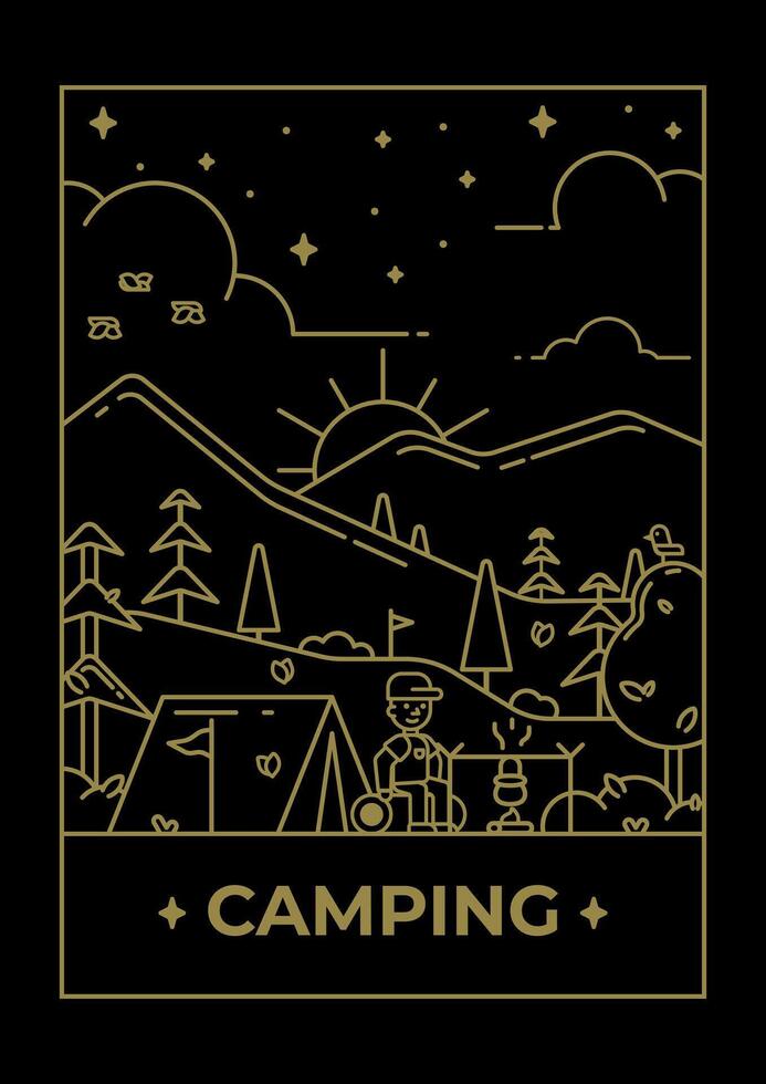 Line illustration of a campground against a mountain background for a t-shirt print. Illustration for clothing print. vector