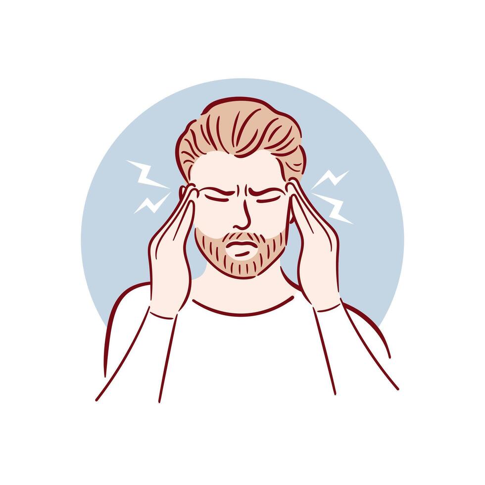 A young man has a headache. A man with a beard is holding his temples, having a migraine. Hand drawn illustration in sketch style. Health problems. Medical brochure template. vector