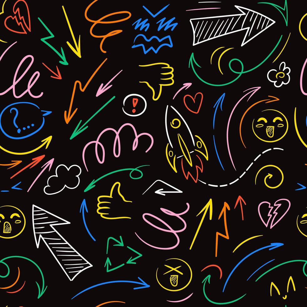 Colorful Seamless pattern Doodle lines, arrows, circles and curves , kawaii emoji. Peech balloon, speech bubble. Hand drawn illustration for wallpaper, fabric, wrapping, background. vector