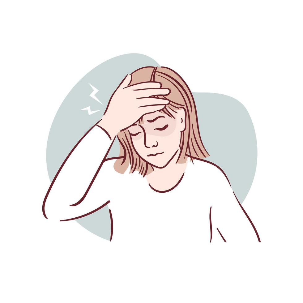 Young woman having headache. A girl in glasses holds her temples, migraine. Hand drawn illustration in sketch style. Health problems. Medical brochure template. vector
