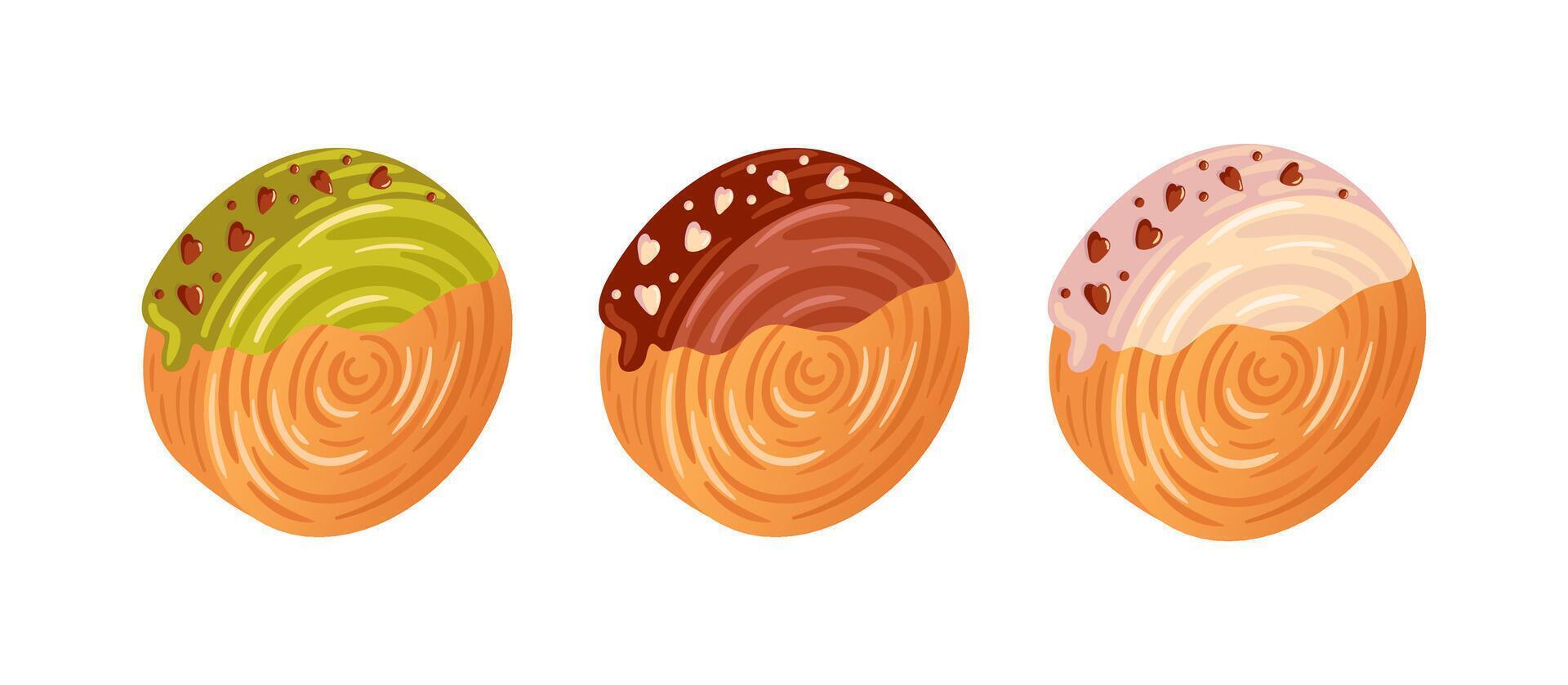 Croissant roll set, roundsan. Cromboloni, Coin, round croissant, covered with icing. bomboloni, filling with chocolate, pistachio and strawberry. New York dessert. For bakery shops, cafes, restaurants vector