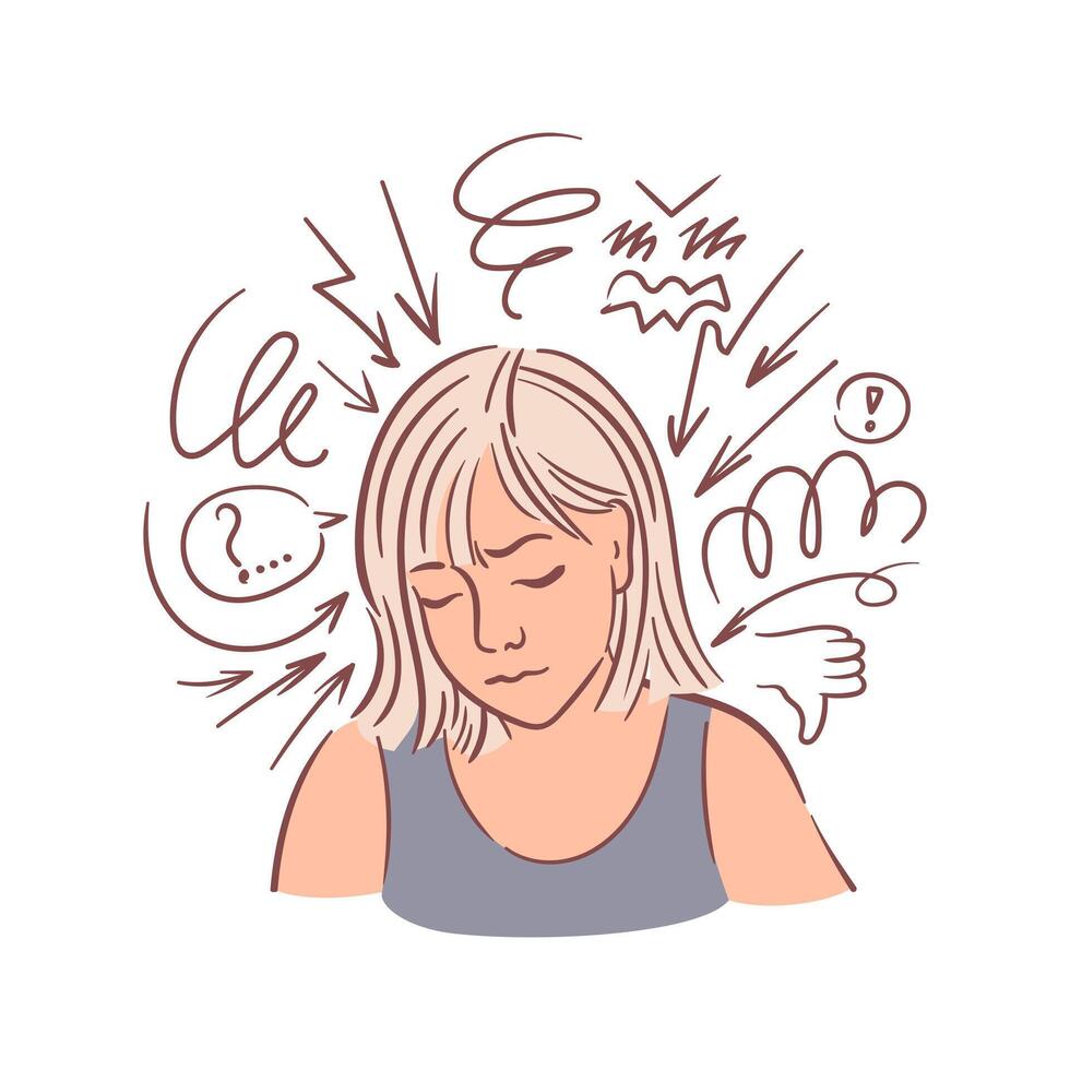 A young woman experiences anxiety, grief, a cloud of depressive thoughts. Sad character in sketch style. Disappointment, sadness, negative emotions. Unhappy people are in despair. vector