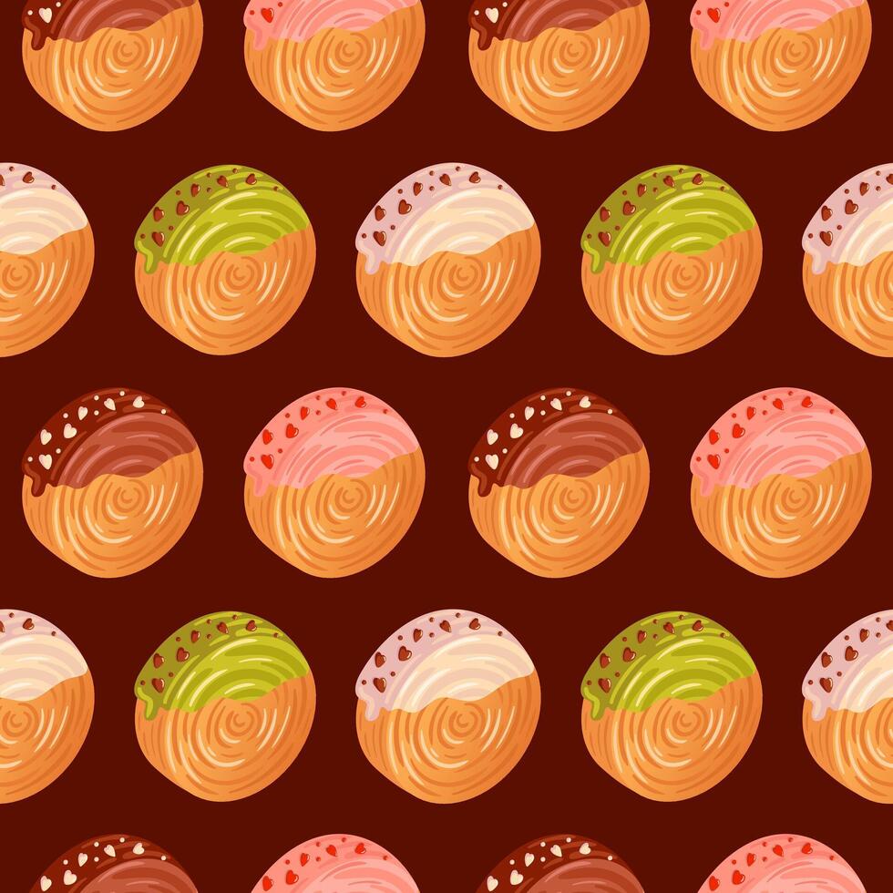 Croissant roll, round san. Seamless pattern Cromboloni, Coin, round croissant, covered with icing. bomboloni, filling with chocolate, pistachio and strawberry. For bakery shops, cafes, restaurants vector