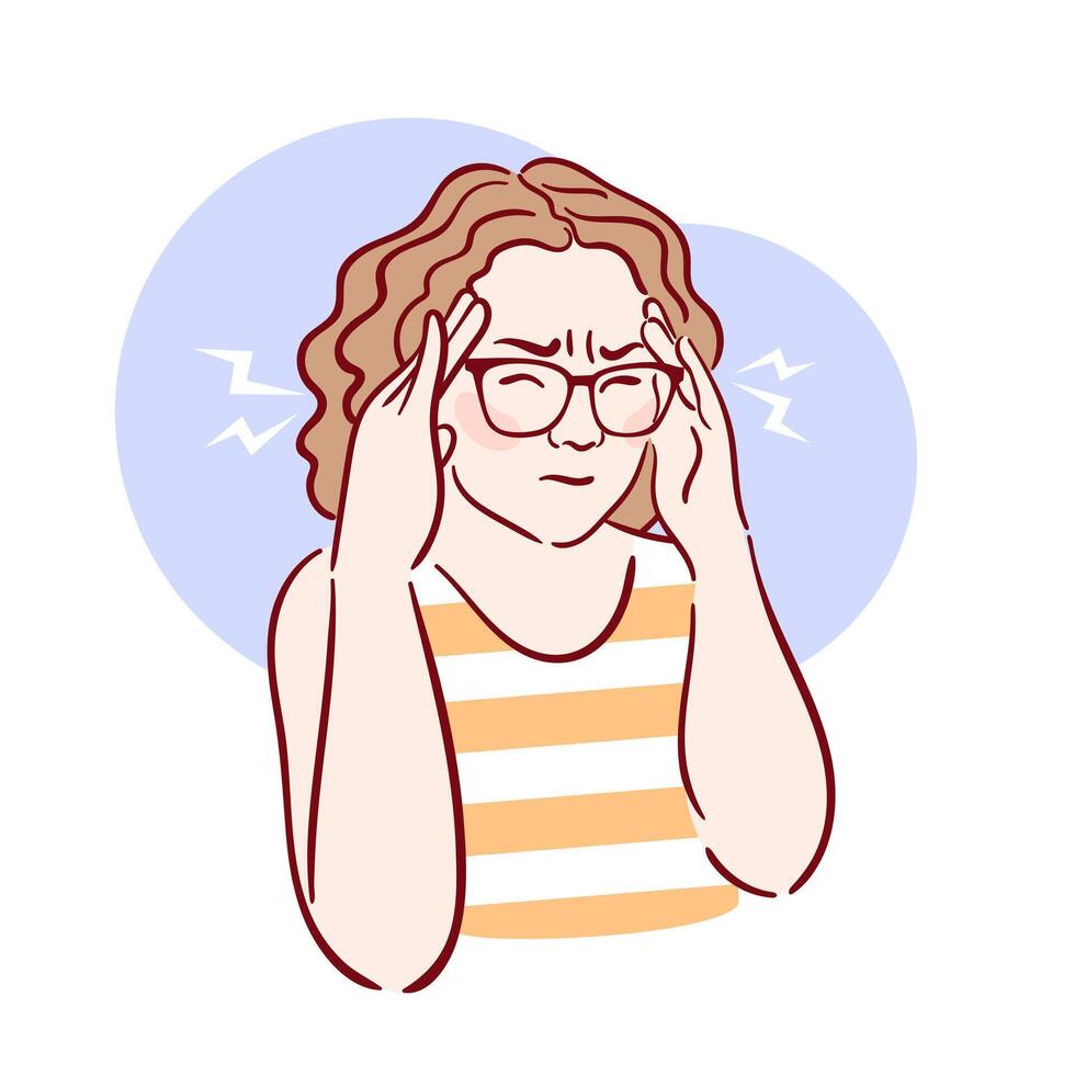 Young woman having headache. A girl in glasses holds her temples, migraine. Hand drawn illustration in sketch style. Health problems. Medical brochure template. vector