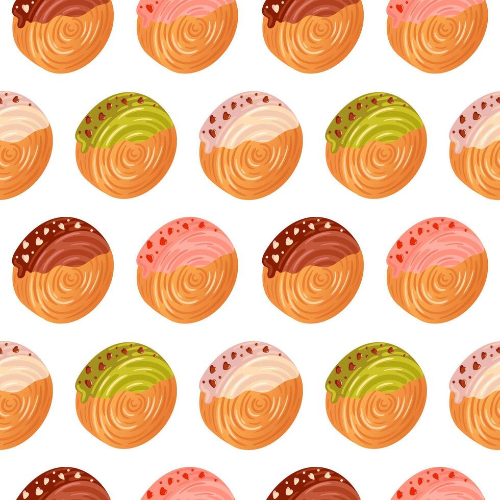 Croissant roll, round san. Seamless pattern Cromboloni, Coin, round croissant, covered with icing. bomboloni, filling with chocolate, pistachio and strawberry. For bakery shops, cafes, restaurants vector