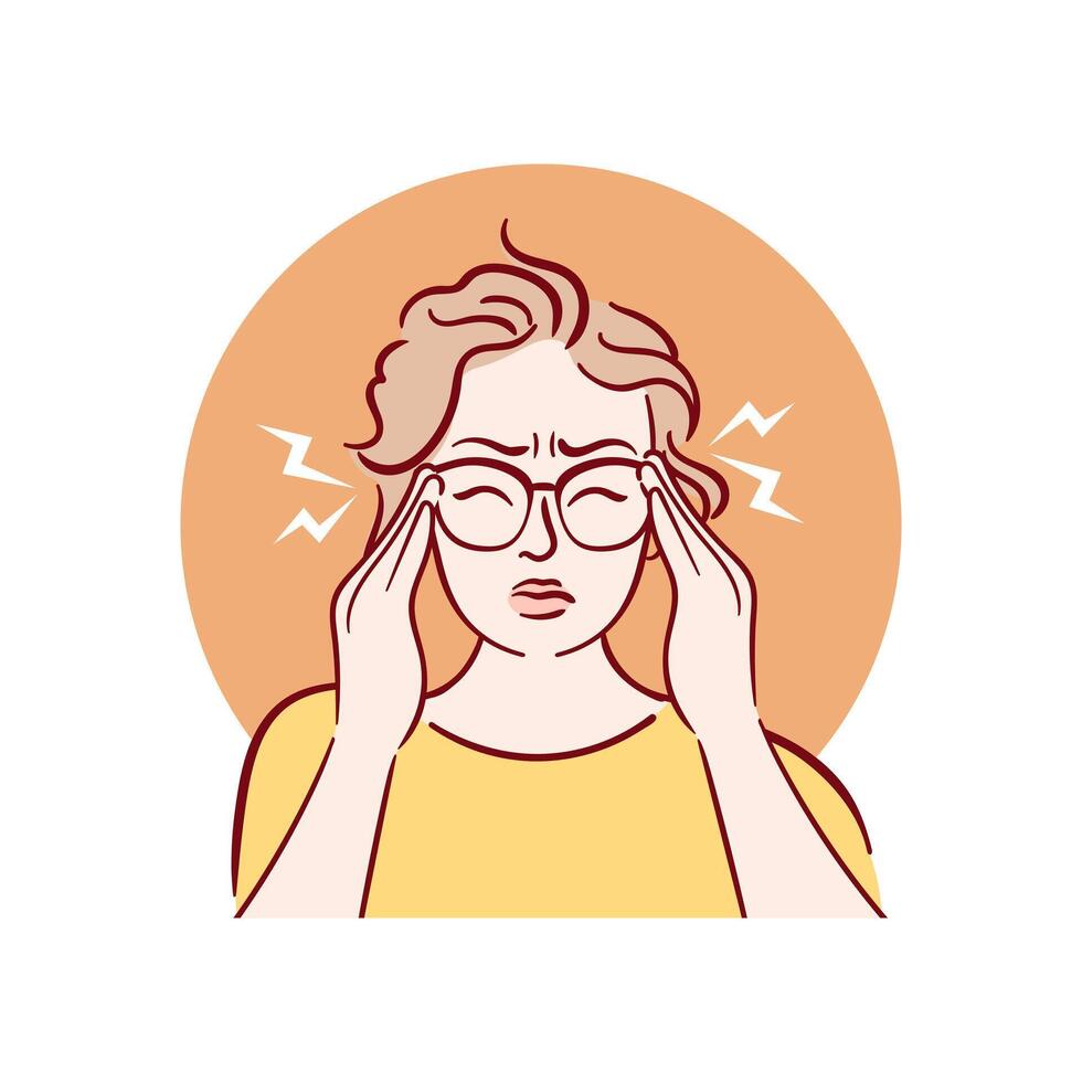 Young woman having headache. A girl in glasses holds her temples, migraine. Hand drawn illustration in sketch style. Health problems. Medical brochure template. vector