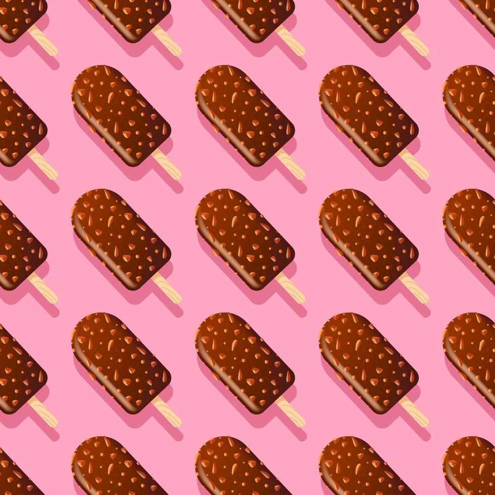 ice cream with chocolate glaze and nuts. cold dessert. Delicious crispy soft sweets, realistic food illustration. Hand drawn. Seamless pattern for wallpaper, fabric, wrapping, background vector