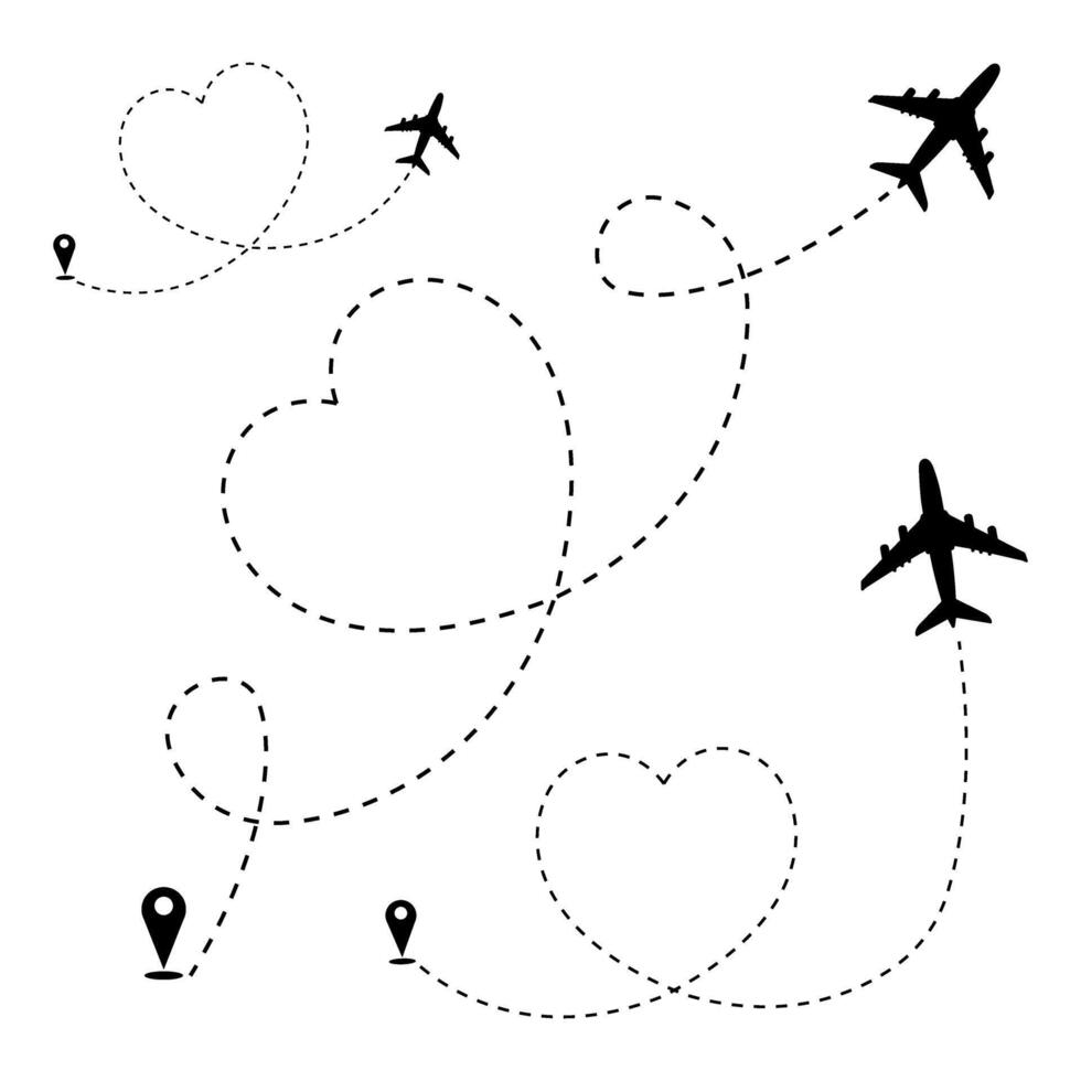 Heart airplane dotted line path. Love Airplane route in heart dashed lines, form, love aircraft way with location pin vector