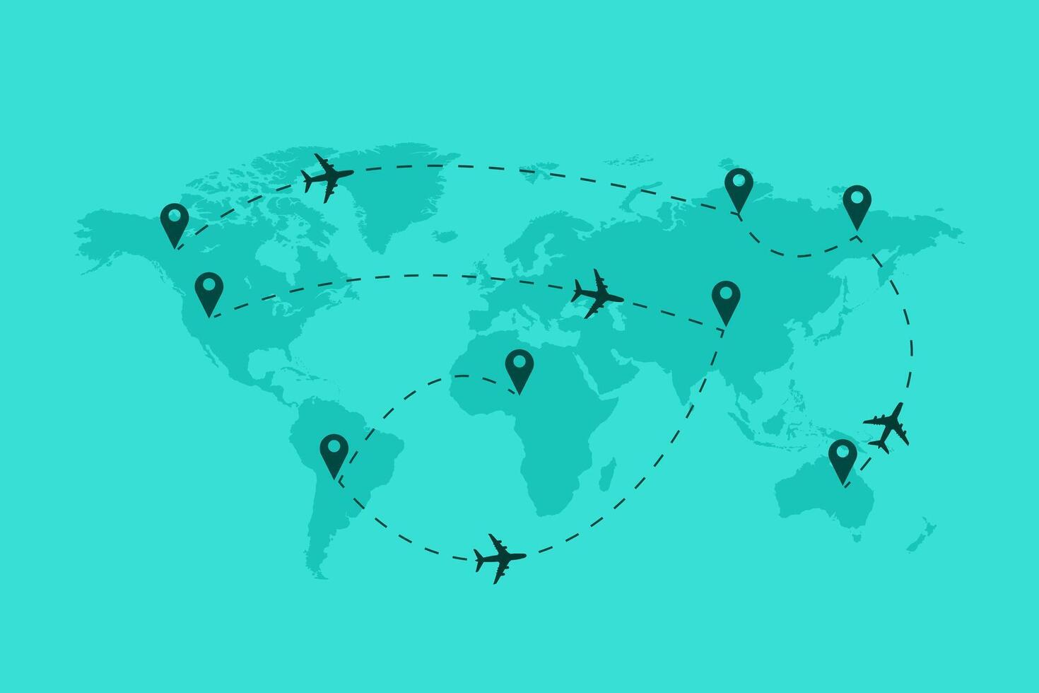 World map background with Airplane, dotted lines, and location icons, Around the world via aircraft travel concept vector