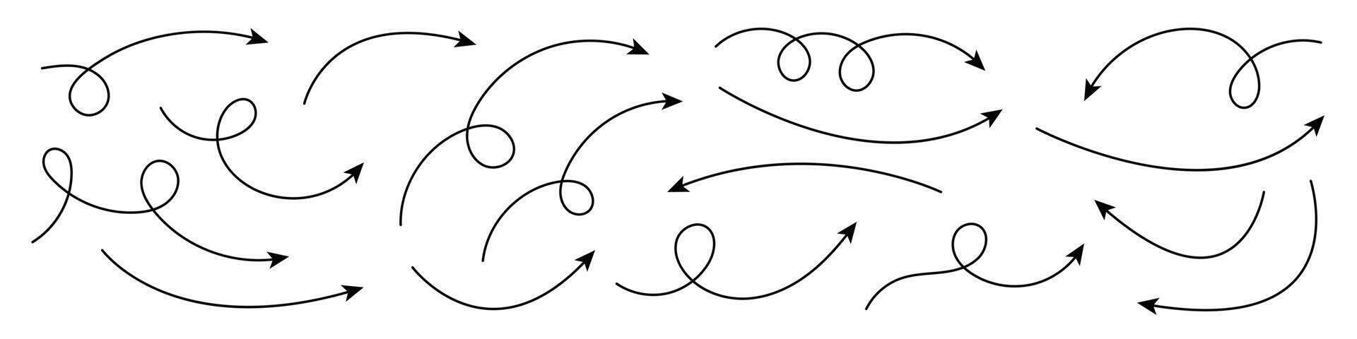Collection of curved arrows. Set simple curved hand drawn arrows. Collection of pointers. vector